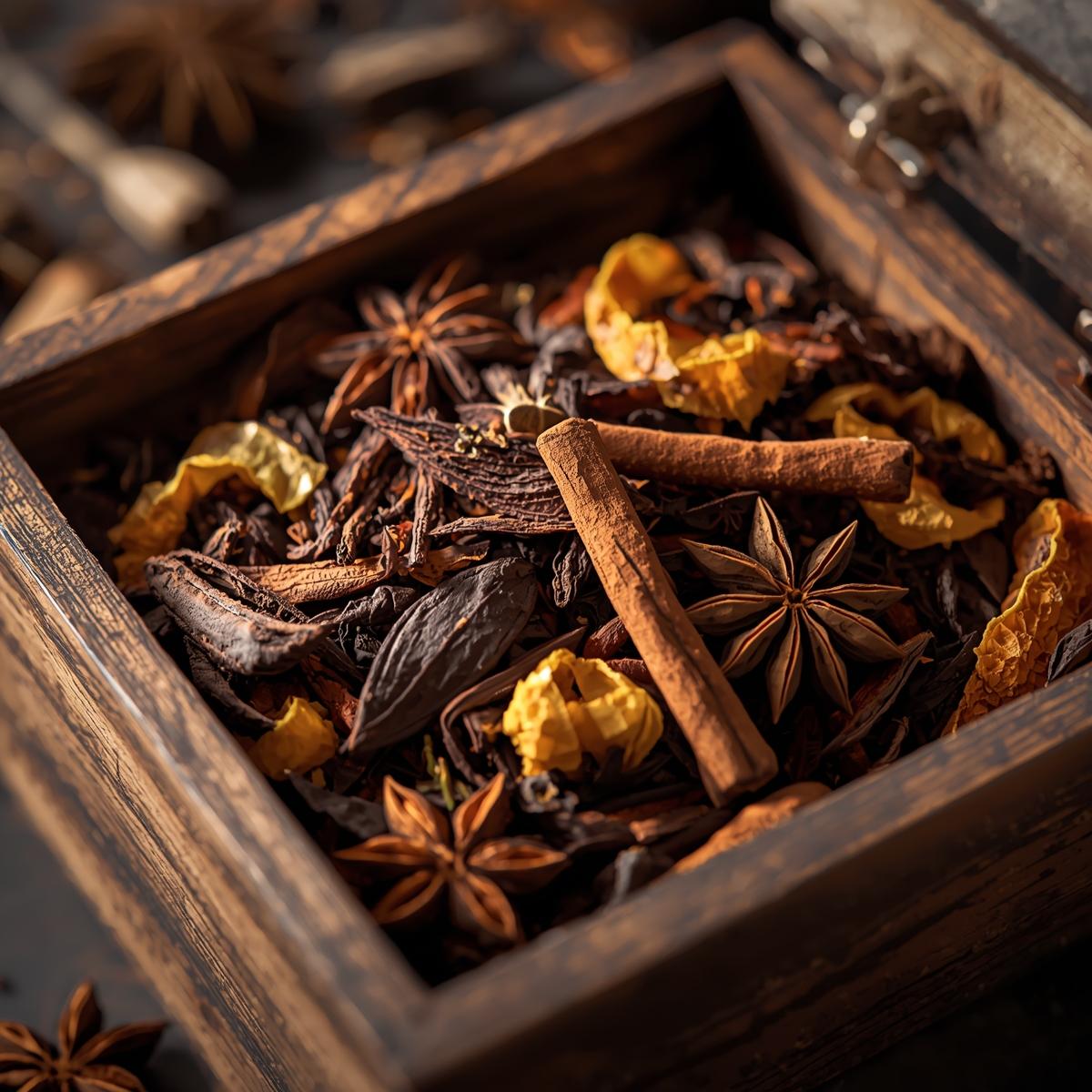 Artisanal spiced tea blend in wooden box
